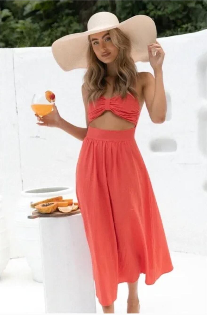 SNDYS Everyday | Boat cut out dress in Spice Orange Cotton Sundress | Large